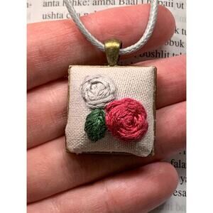 Embroidered Roses Necklace in Square Bezel - Handmade, Handstitched